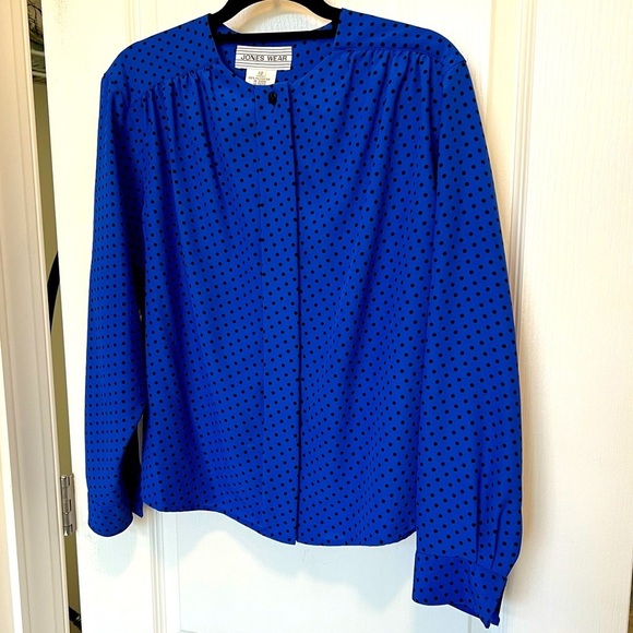Vintage Cobalt Blue Polka Dot Polkadots blouse Size 12 - Picture 1 of 7